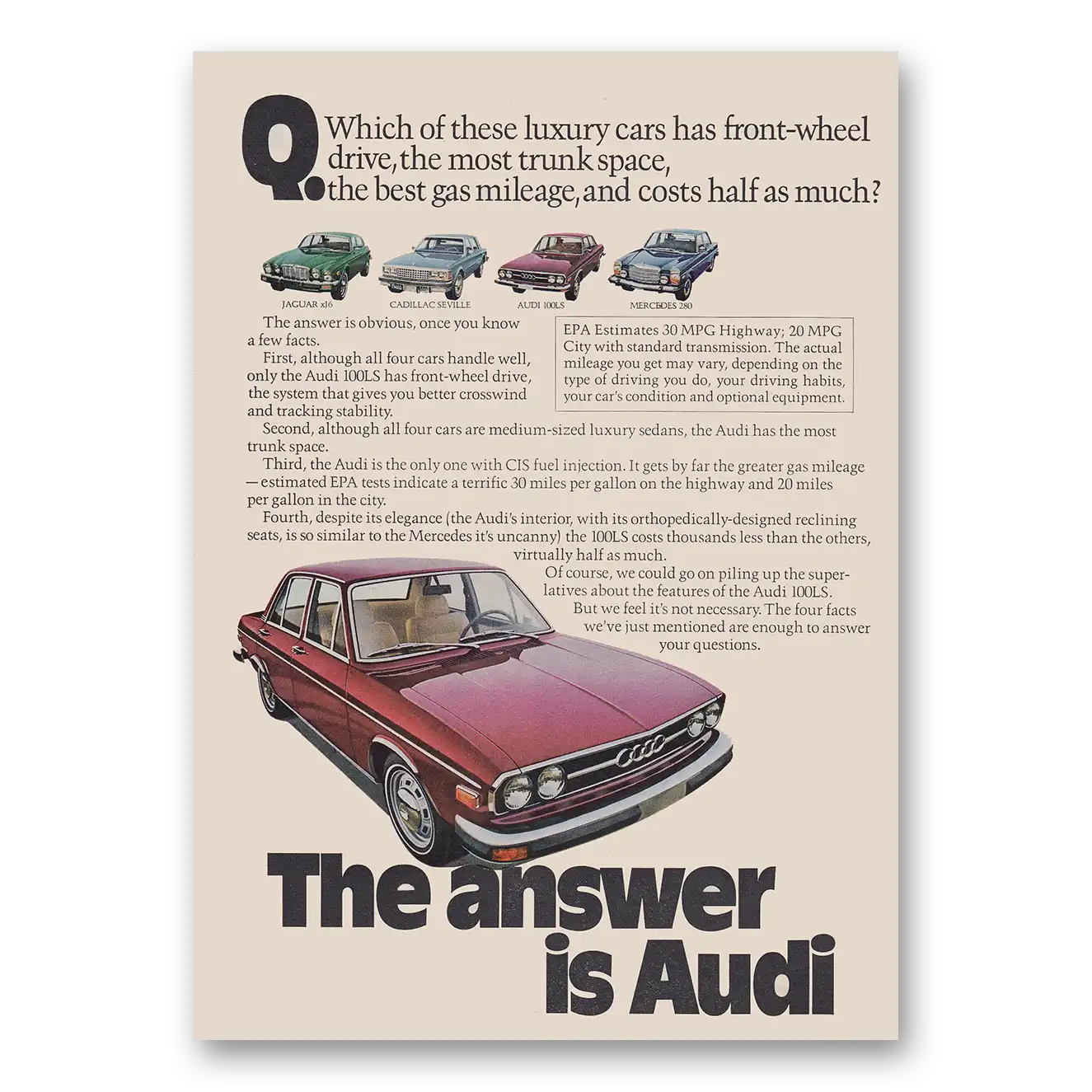 1976 Audi Front Wheel Drive Most Trunk Space Vintage Magazine Print Ad