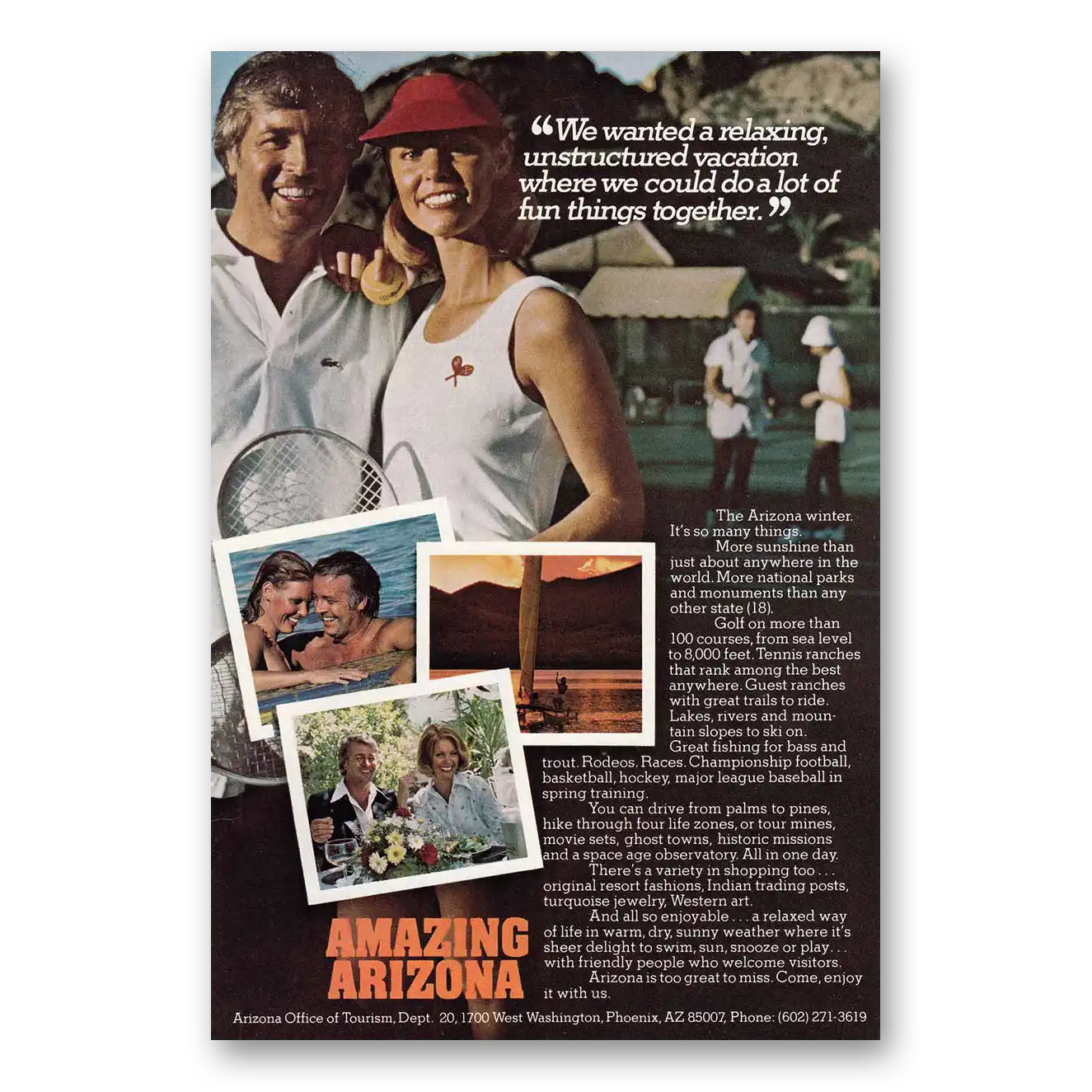 1976 Arizona Relaxing Unstructured Vacation Tennis Vintage Magazine Print Ad