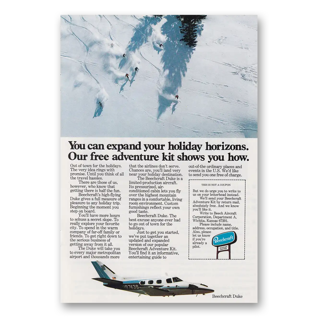 1976 Beechcraft Duke Skiing Holiday Horizons Vintage Magazine Print Ad