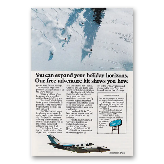 1976 Beechcraft Duke Skiing Holiday Horizons Vintage Magazine Print Ad