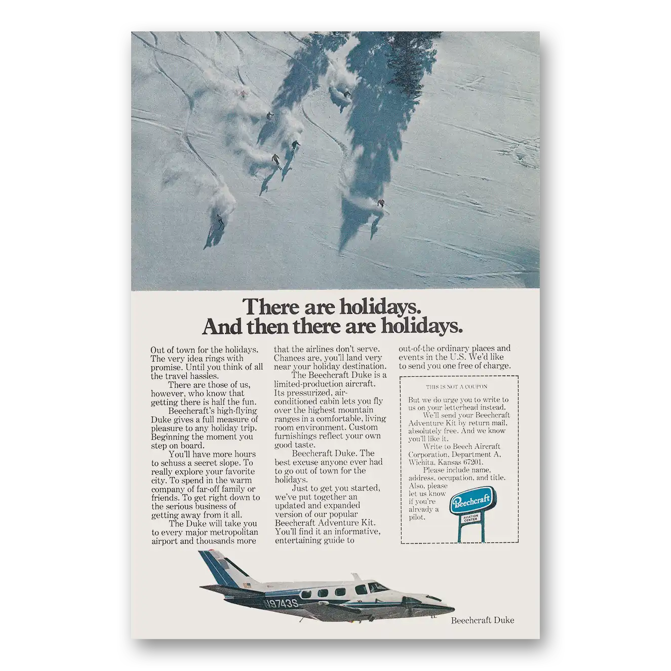 1976 Beechcraft Duke There are Holidays Skiers Vintage Magazine Print Ad