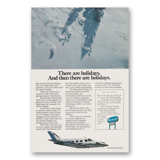 1976 Beechcraft Duke There are Holidays Skiers Vintage Magazine Print Ad