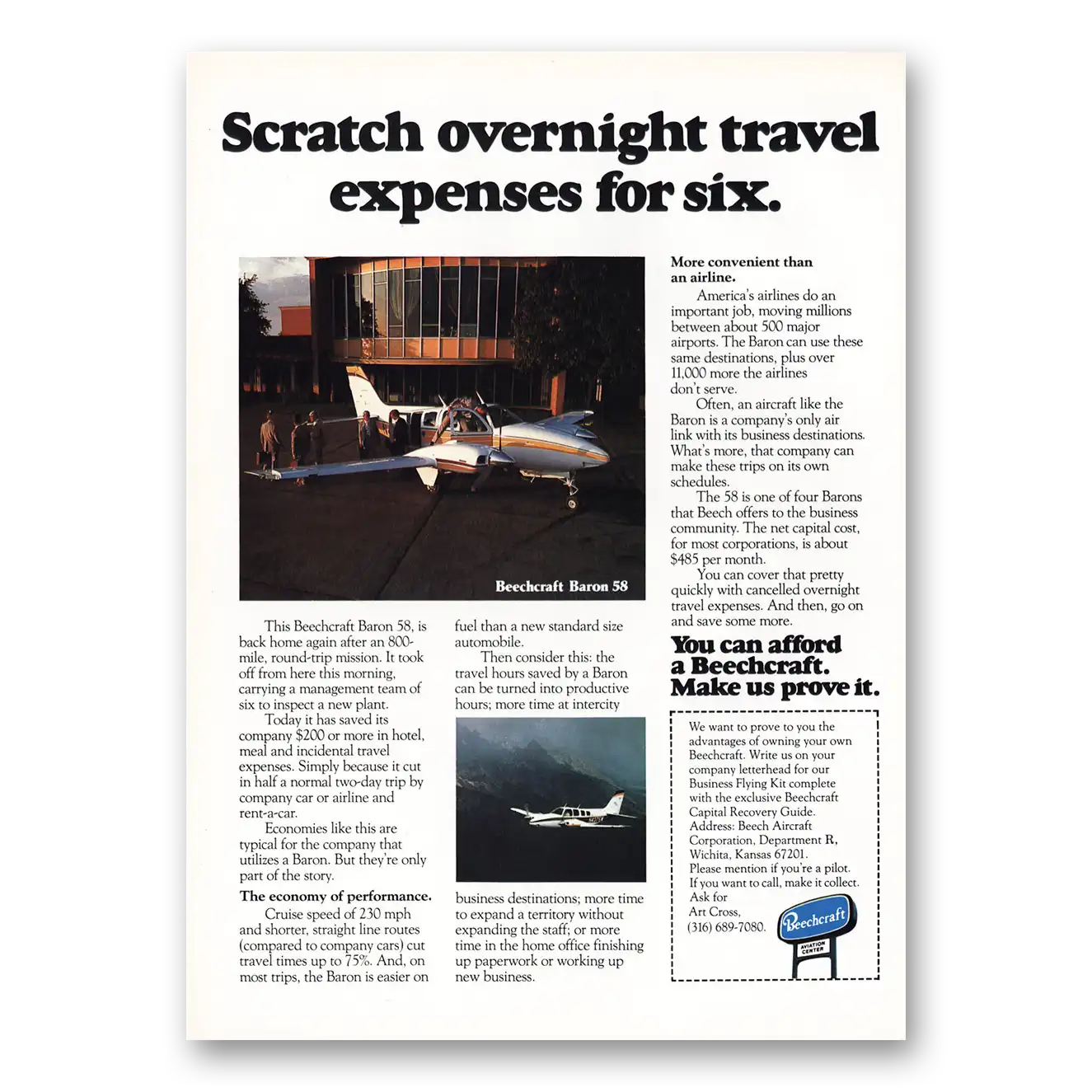 1976 Beechcraft Baron Scratch Overnight Travel Expenses for Six Vintage Magazine Print Ad