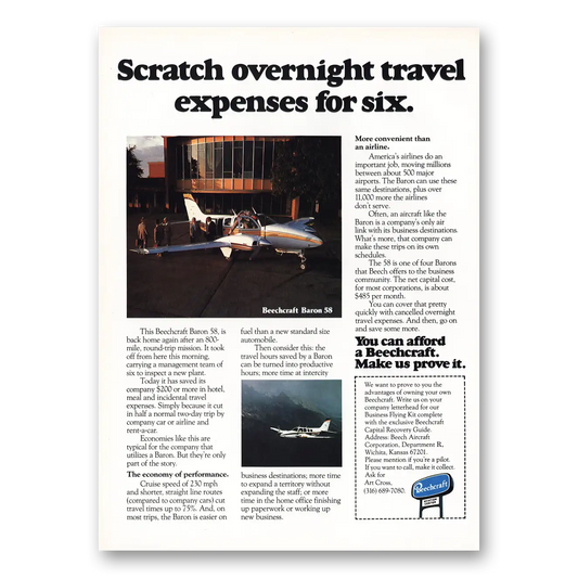 1976 Beechcraft Baron Scratch Overnight Travel Expenses for Six Vintage Magazine Print Ad