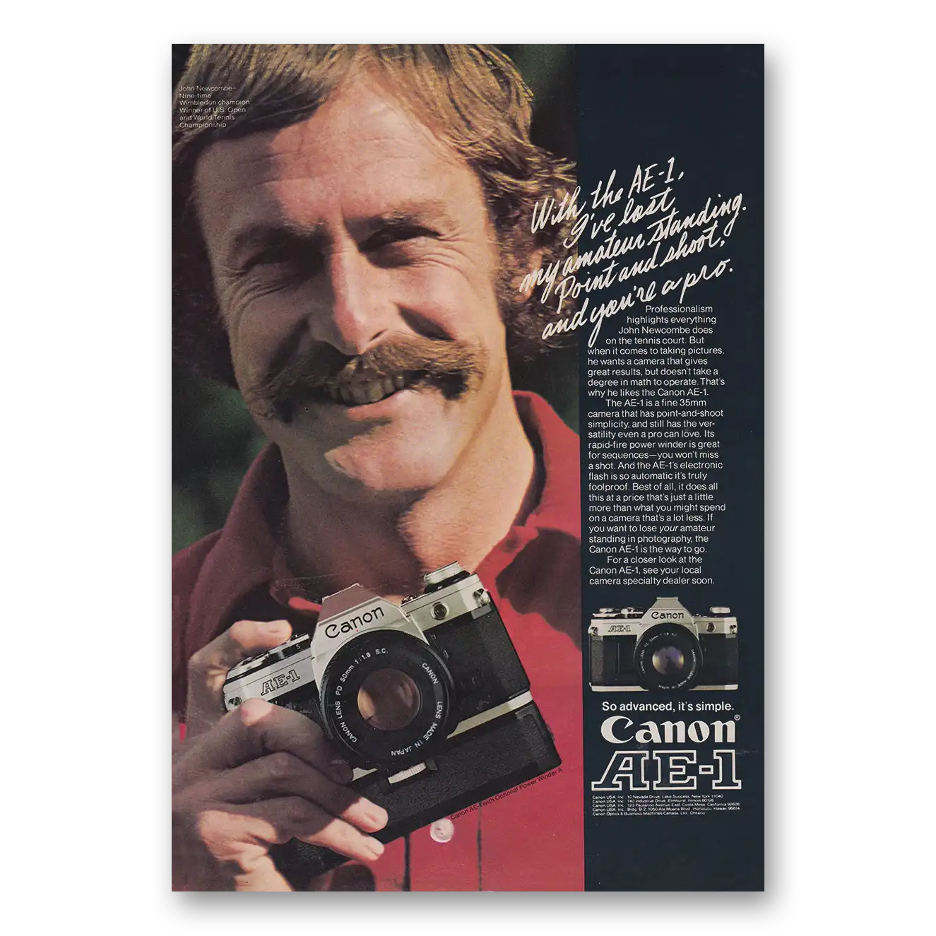 1976 Canon Camera AE1 John Newcombe Wimbledon Champion Vintage Magazine Print Ad