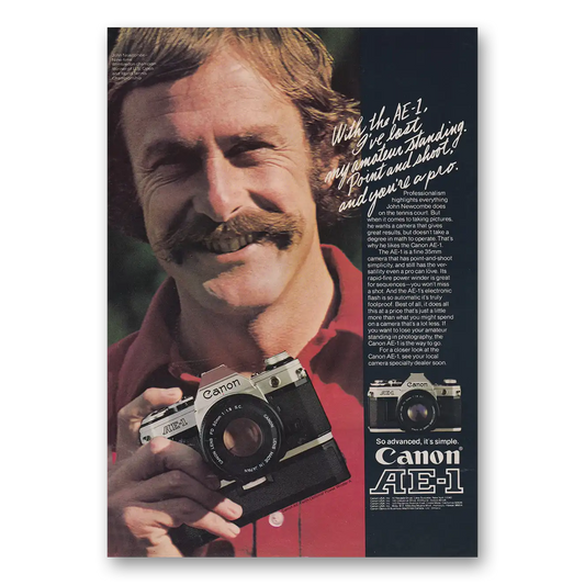 1976 Canon Camera AE1 John Newcombe Wimbledon Champion Vintage Magazine Print Ad