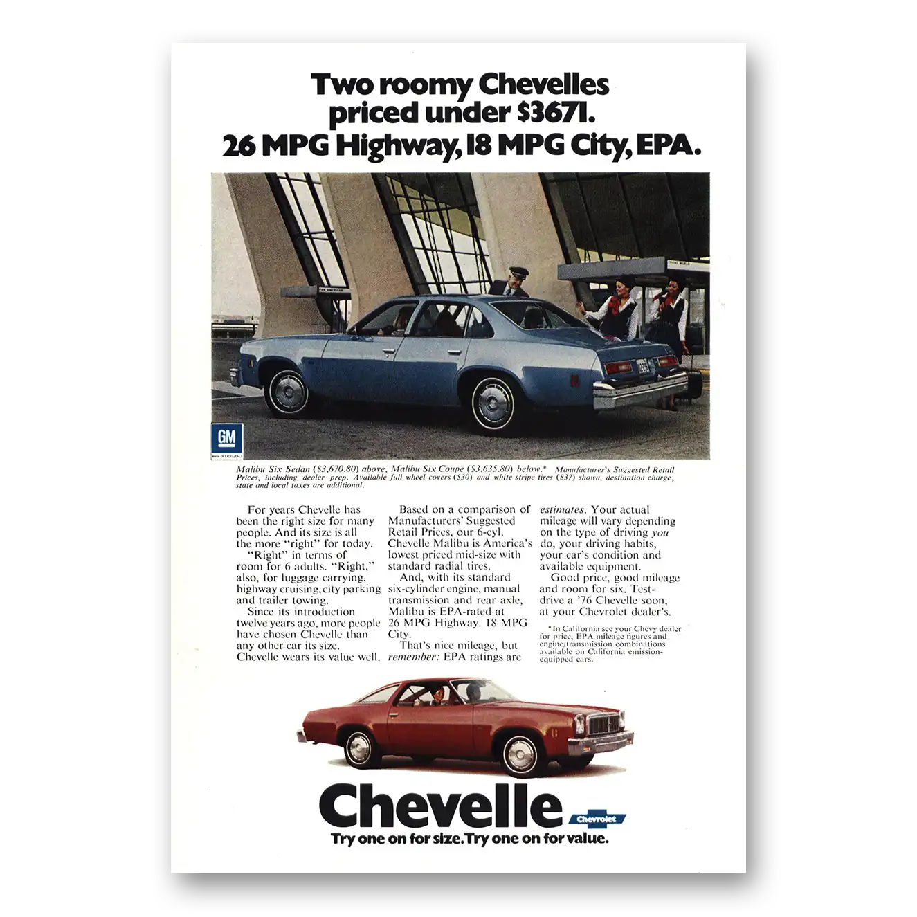 1976 Chevrolet Chevelle Two Roomy Chevelles Vintage Magazine Print Ad