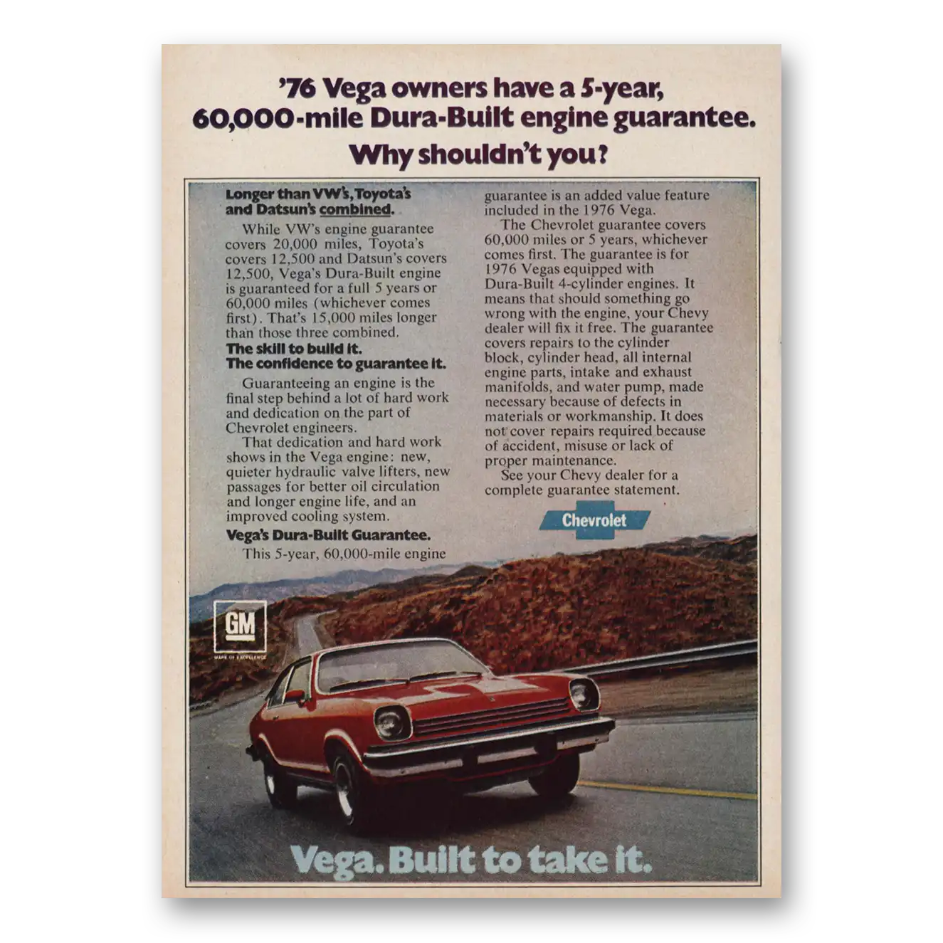 1976 Chevrolet Vega Dura Built Engine Guarantee Vintage Magazine Print Ad