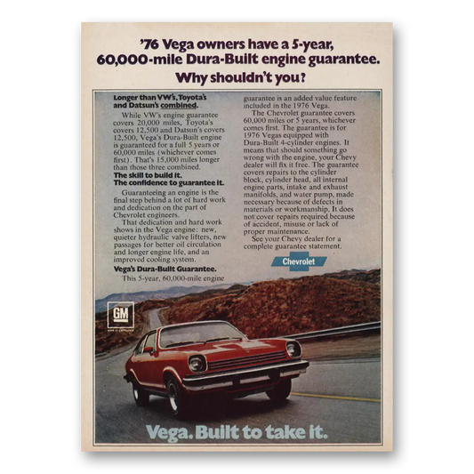 1976 Chevrolet Vega Dura Built Engine Guarantee Vintage Magazine Print Ad