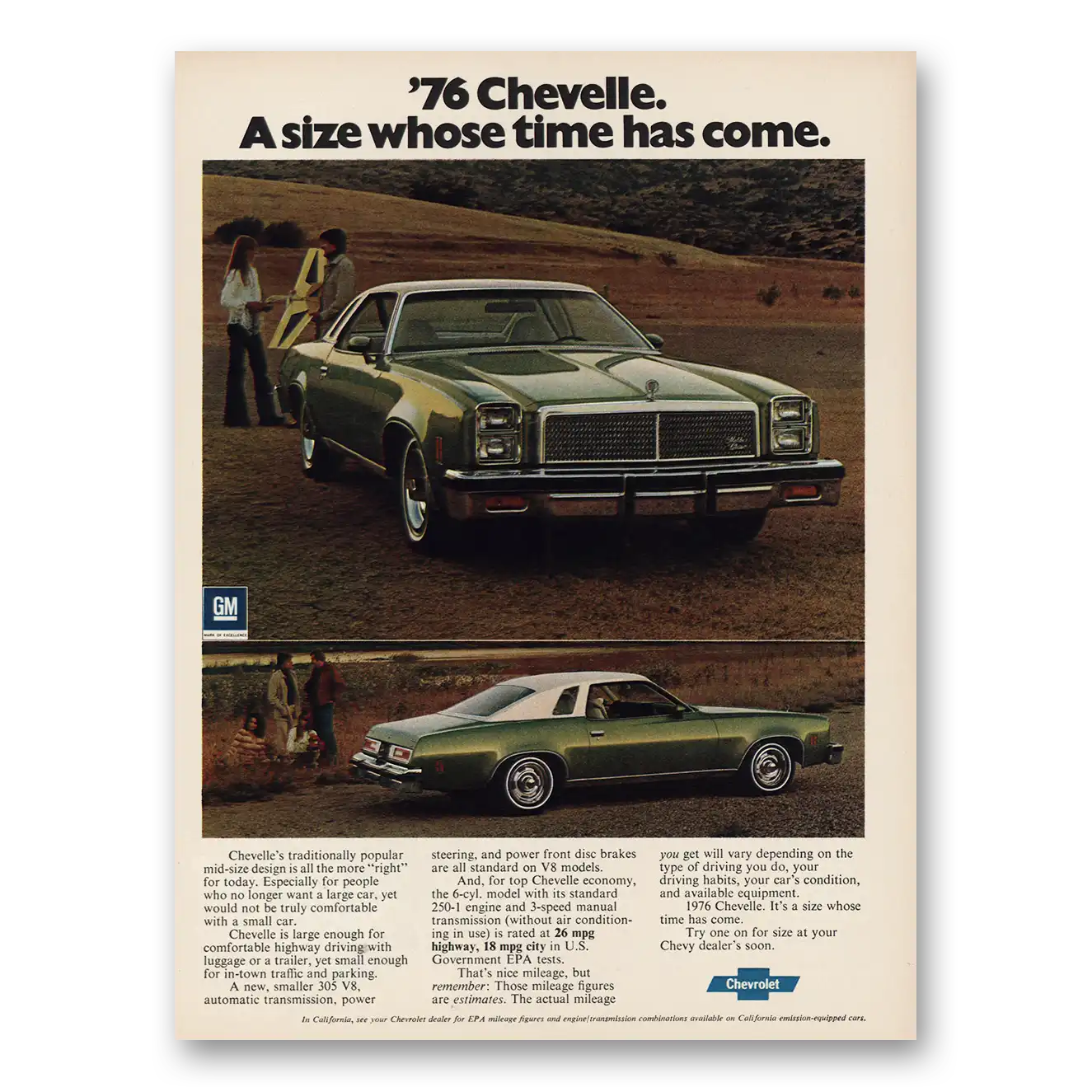 1976 Chevrolet Chevelle Size Whose Time Has Come Vintage Magazine Print Ad