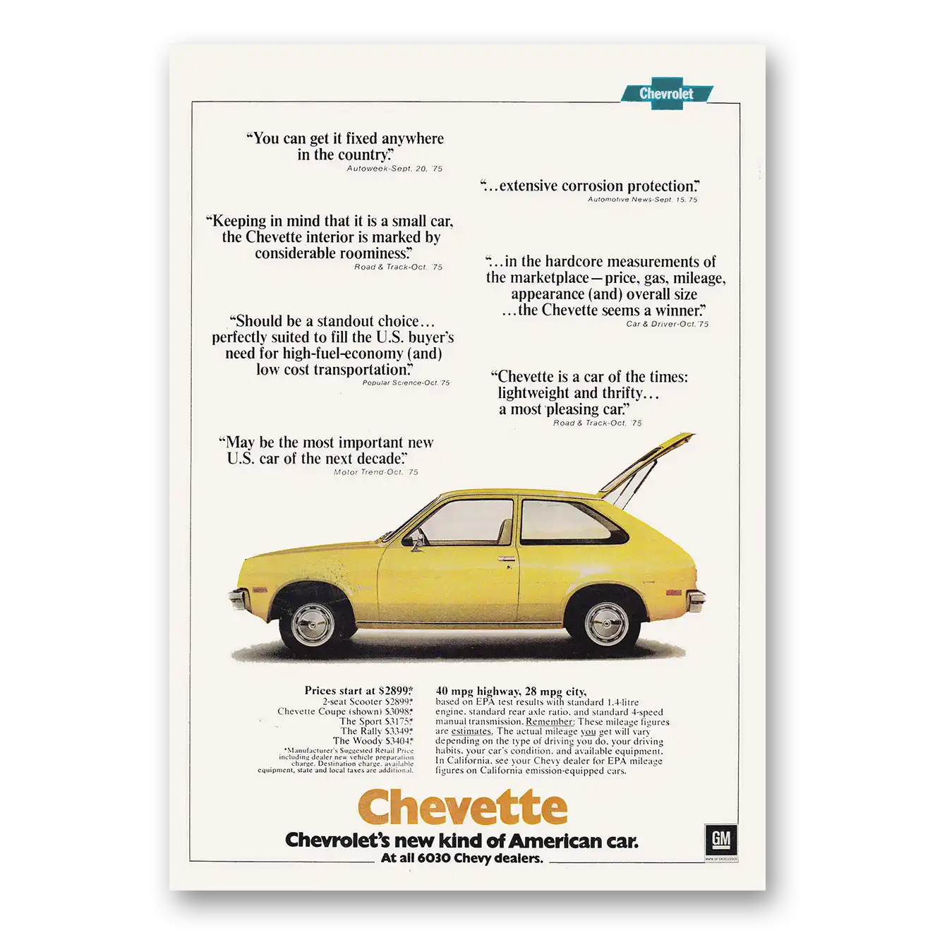 1976 Chevrolet Chevette You Can Get It Fixed Anywhere Vintage Magazine Print Ad