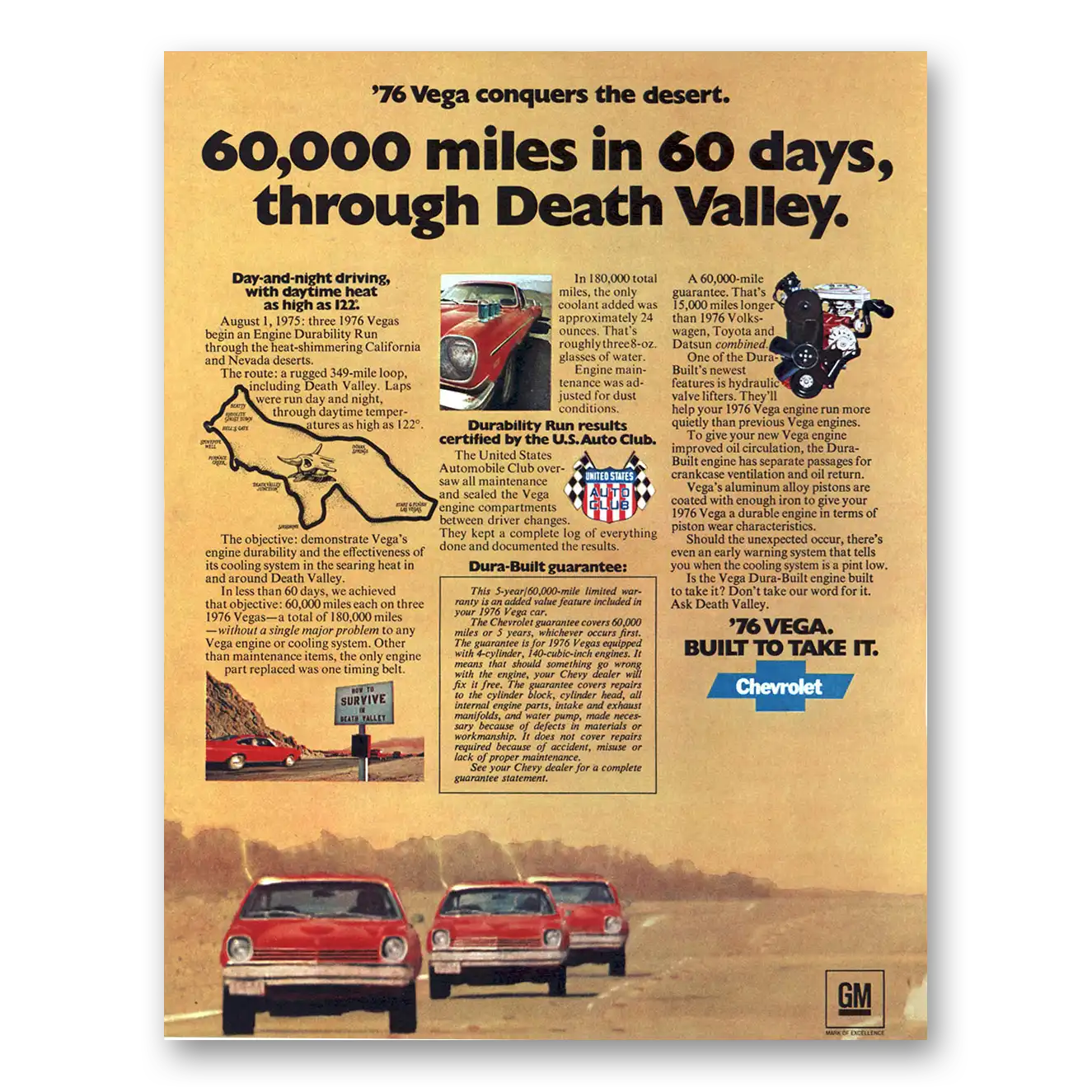 1976 Chevrolet Vega 60 Days Through Death Valley Vintage Magazine Print Ad