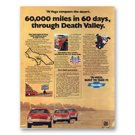 1976 Chevrolet Vega 60 Days Through Death Valley Vintage Magazine Print Ad