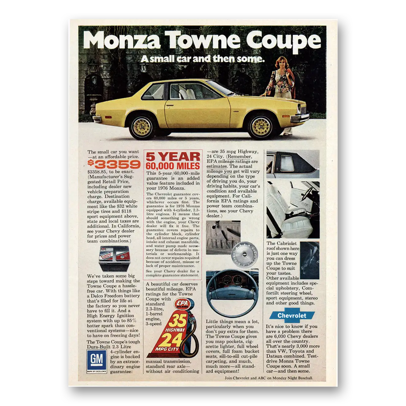 1976 Chevrolet Monza Towne Coupe Small Car and Then Some Vintage Magazine Print Ad