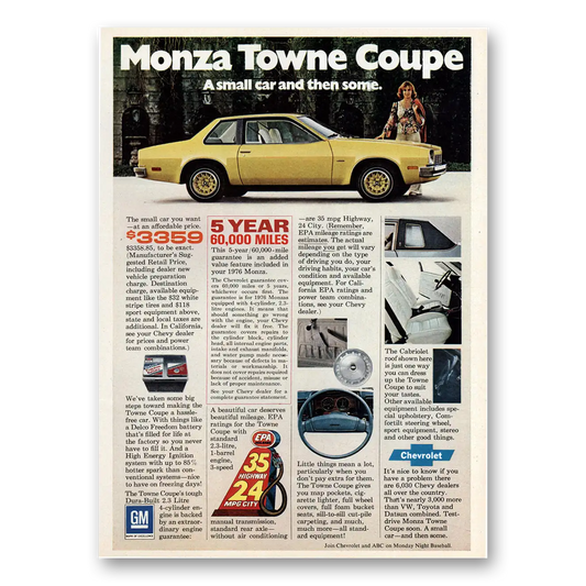 1976 Chevrolet Monza Towne Coupe Small Car and Then Some Vintage Magazine Print Ad