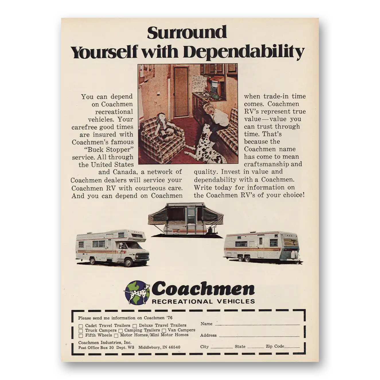 1976 Coachmen Recreational Vehicles Surround Yourself with Dependability Vintage Magazine Print Ad