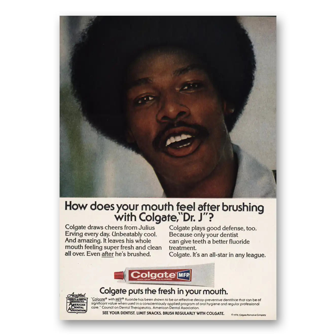 1976 Colgate Toothpaste How Does Your Mouth Feel Dr J Vintage Magazine Print Ad