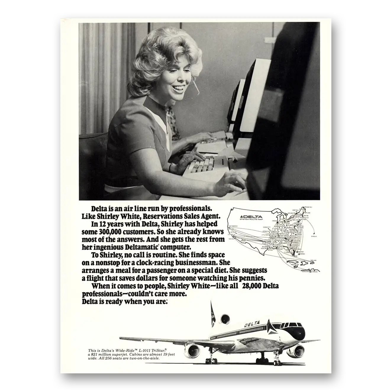 1976 Delta Air Lines Shirley White Reservations Vintage Magazine Print Ad