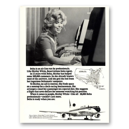 1976 Delta Air Lines Shirley White Reservations Vintage Magazine Print Ad