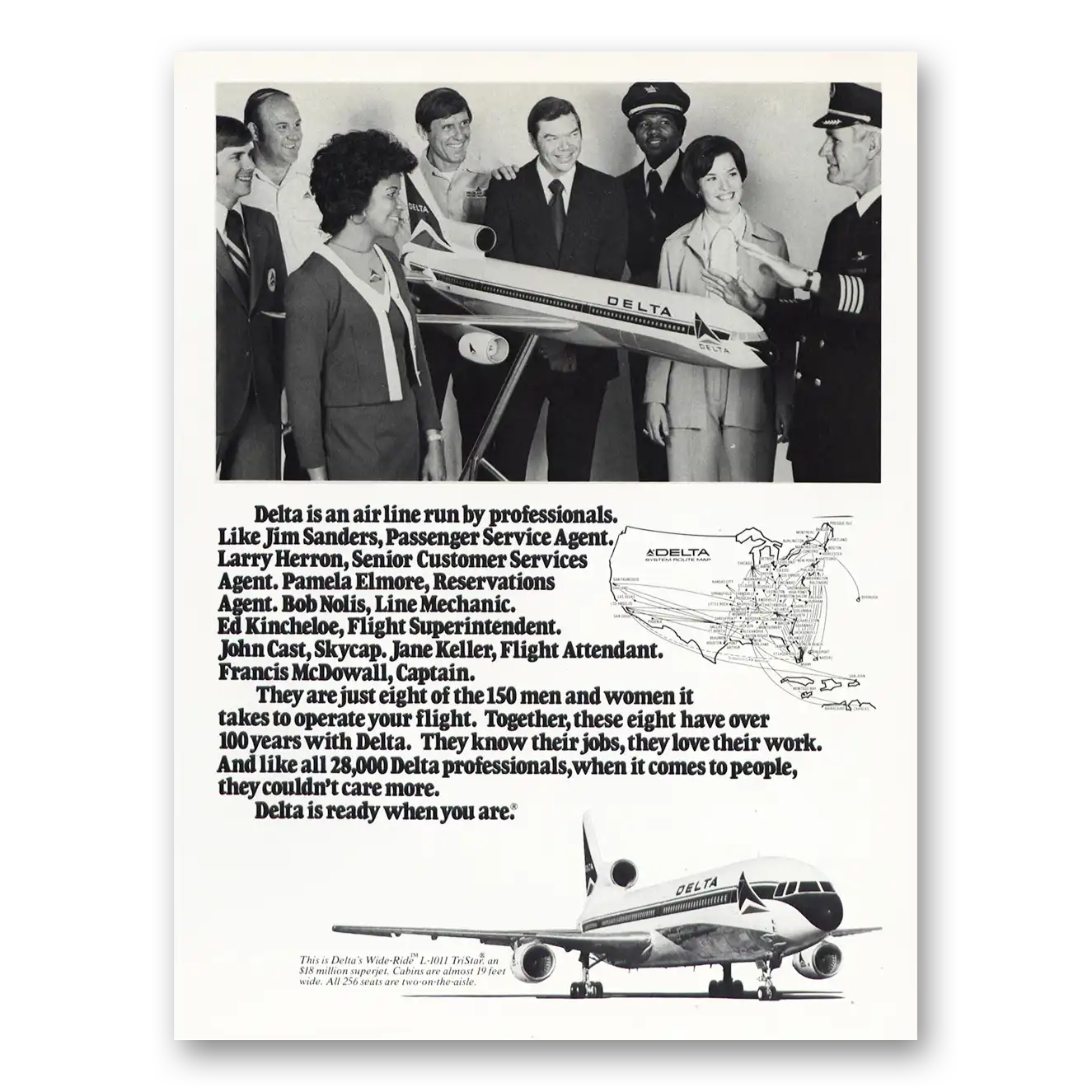 1976 Delta Air Lines Jim Sanders Larry Herron Pamela Elmore Vintage Magazine Print Ad