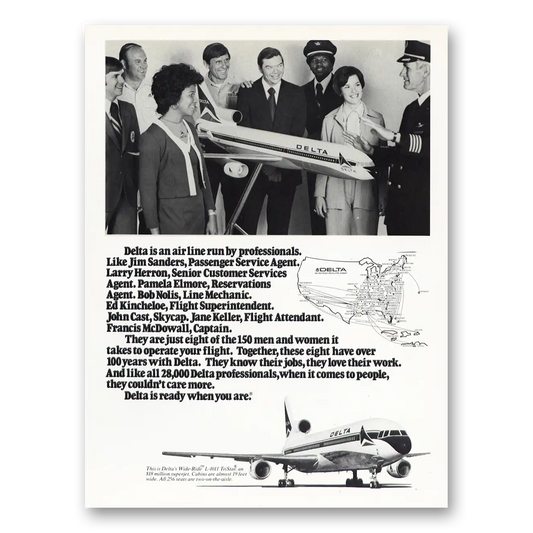 1976 Delta Air Lines Jim Sanders Larry Herron Pamela Elmore Vintage Magazine Print Ad