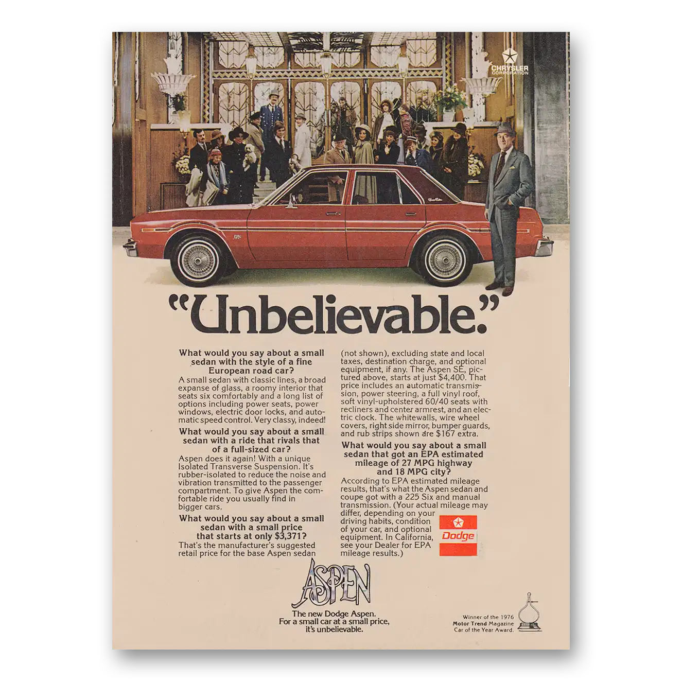 1976 Dodge Aspen Unbelievable Vintage Magazine Print Ad