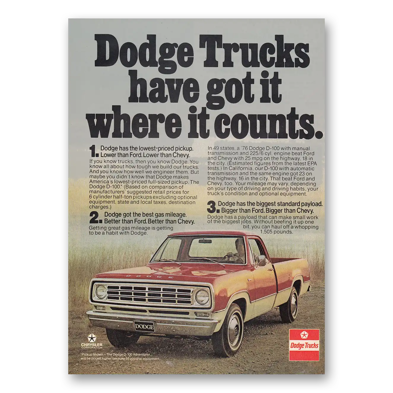 1976 Dodge Trucks Have Got It Where It Counts Vintage Magazine Print Ad