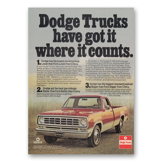 1976 Dodge Trucks Have Got It Where It Counts Vintage Magazine Print Ad