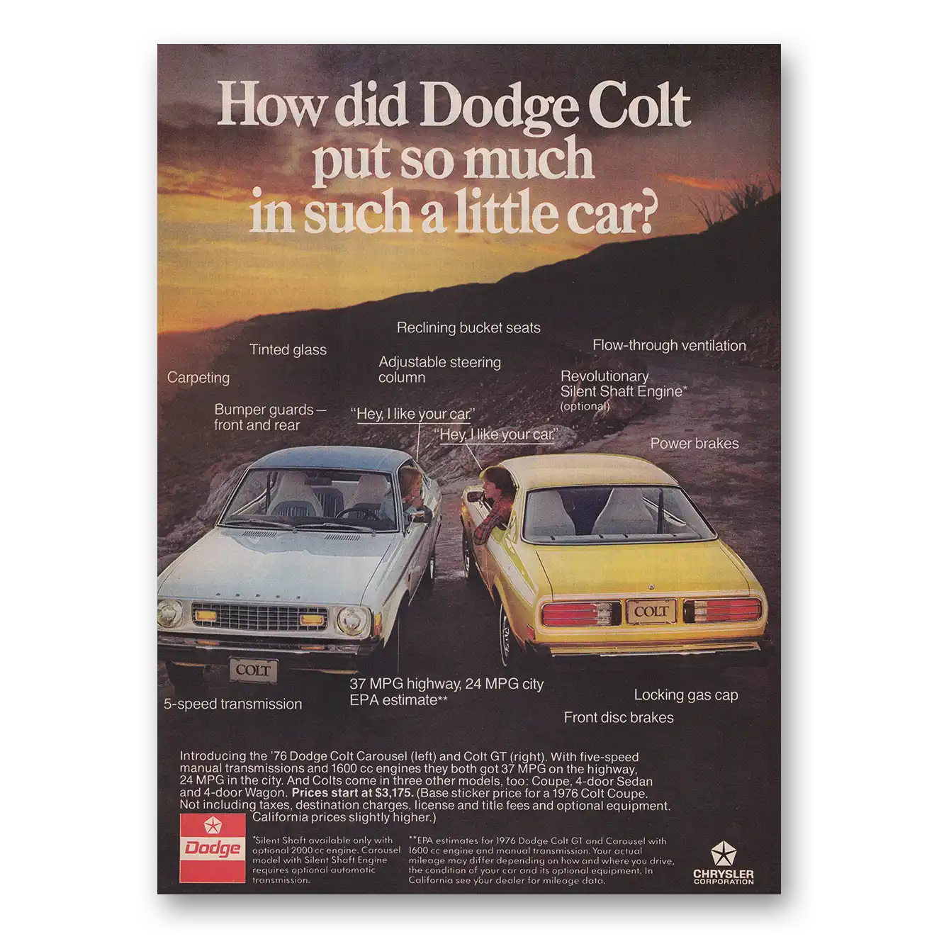 1976 Dodge Colt Put So Much In Such a Little Car Vintage Magazine Print Ad