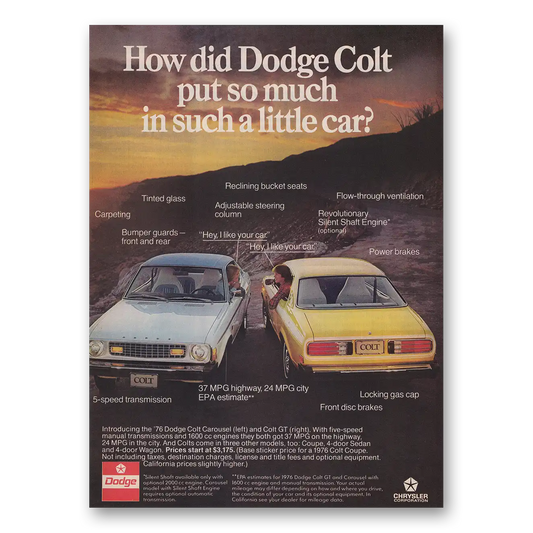 1976 Dodge Colt Put So Much In Such a Little Car Vintage Magazine Print Ad