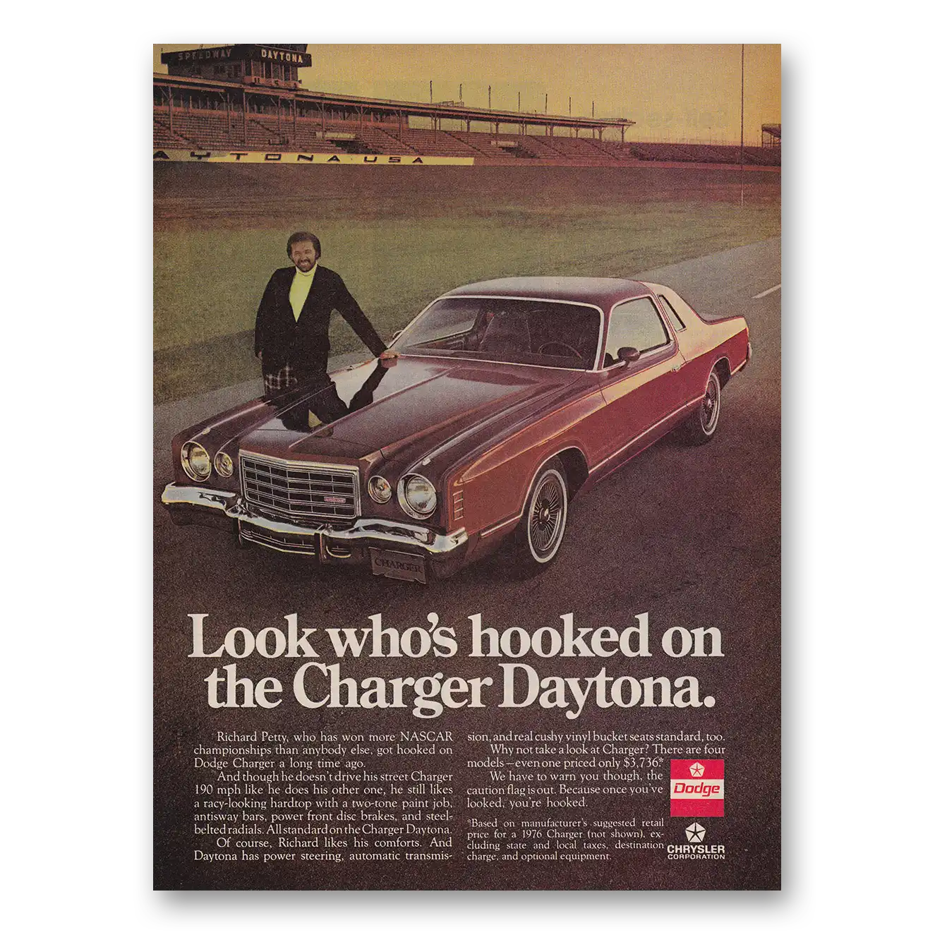 1976 Dodge Charger Daytona Richard Petty Hooked On Vintage Magazine Print Ad