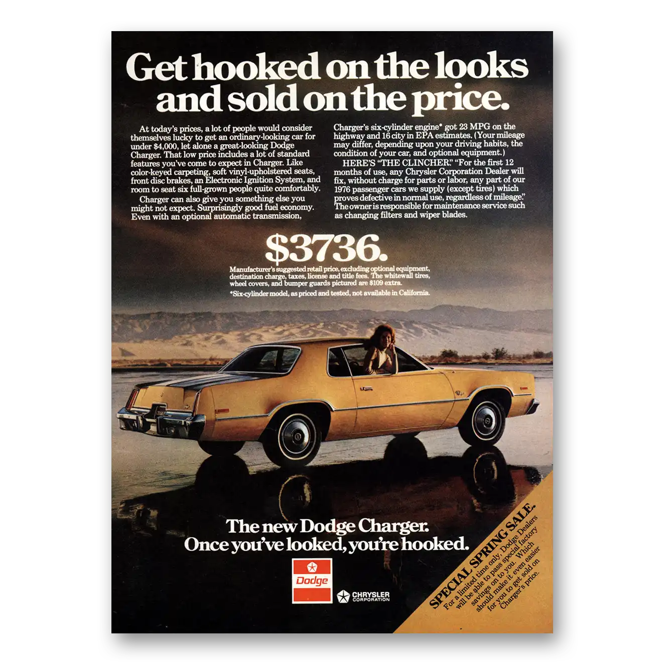 1976 Dodge Charger Get Hooked On the Looks Vintage Magazine Print Ad