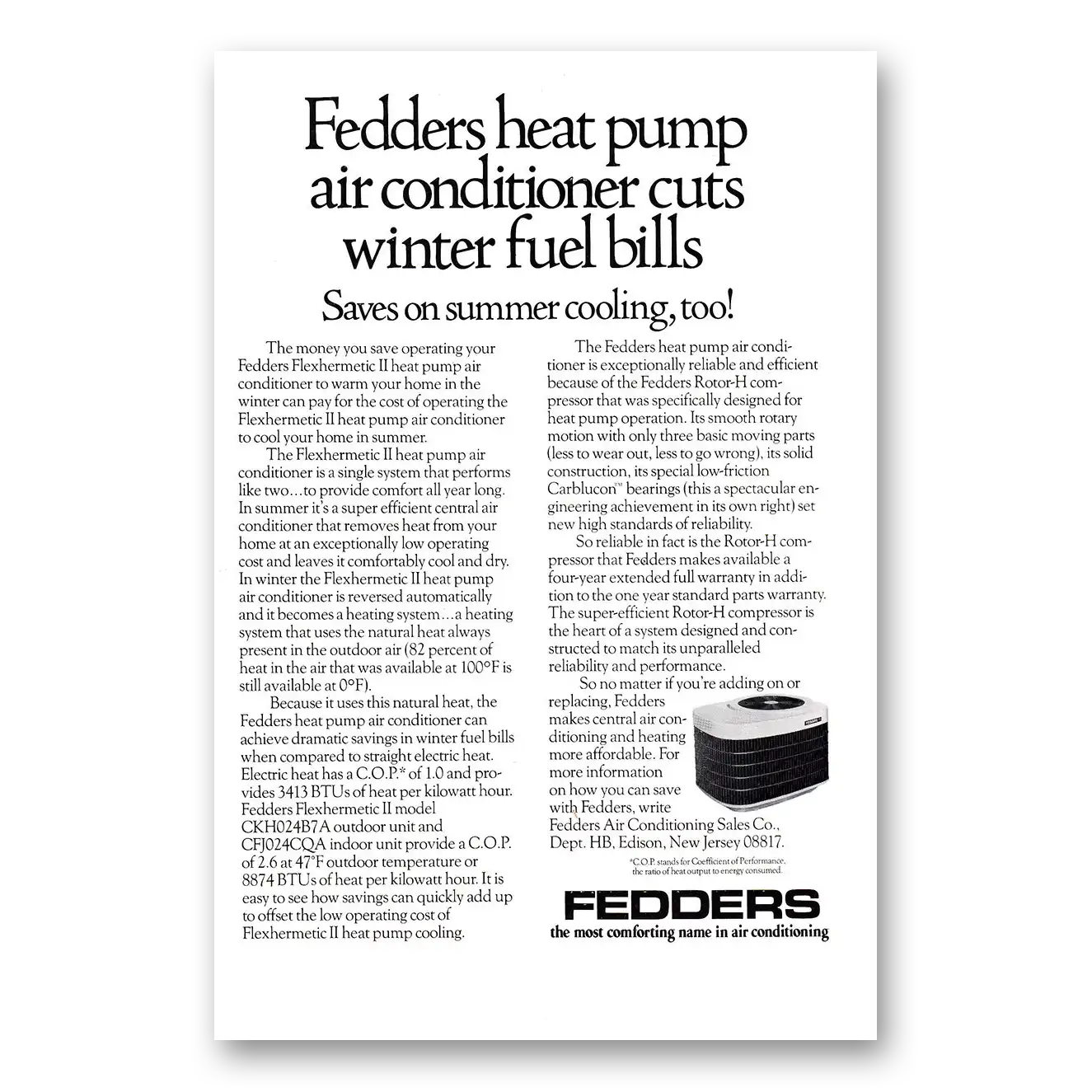 1976 Fedders Air Conditioning Heat Pump Air Conditioners Cuts Winter Fuel Bills Vintage Magazine Print Ad