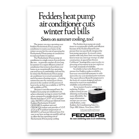 1976 Fedders Air Conditioning Heat Pump Air Conditioners Cuts Winter Fuel Bills Vintage Magazine Print Ad