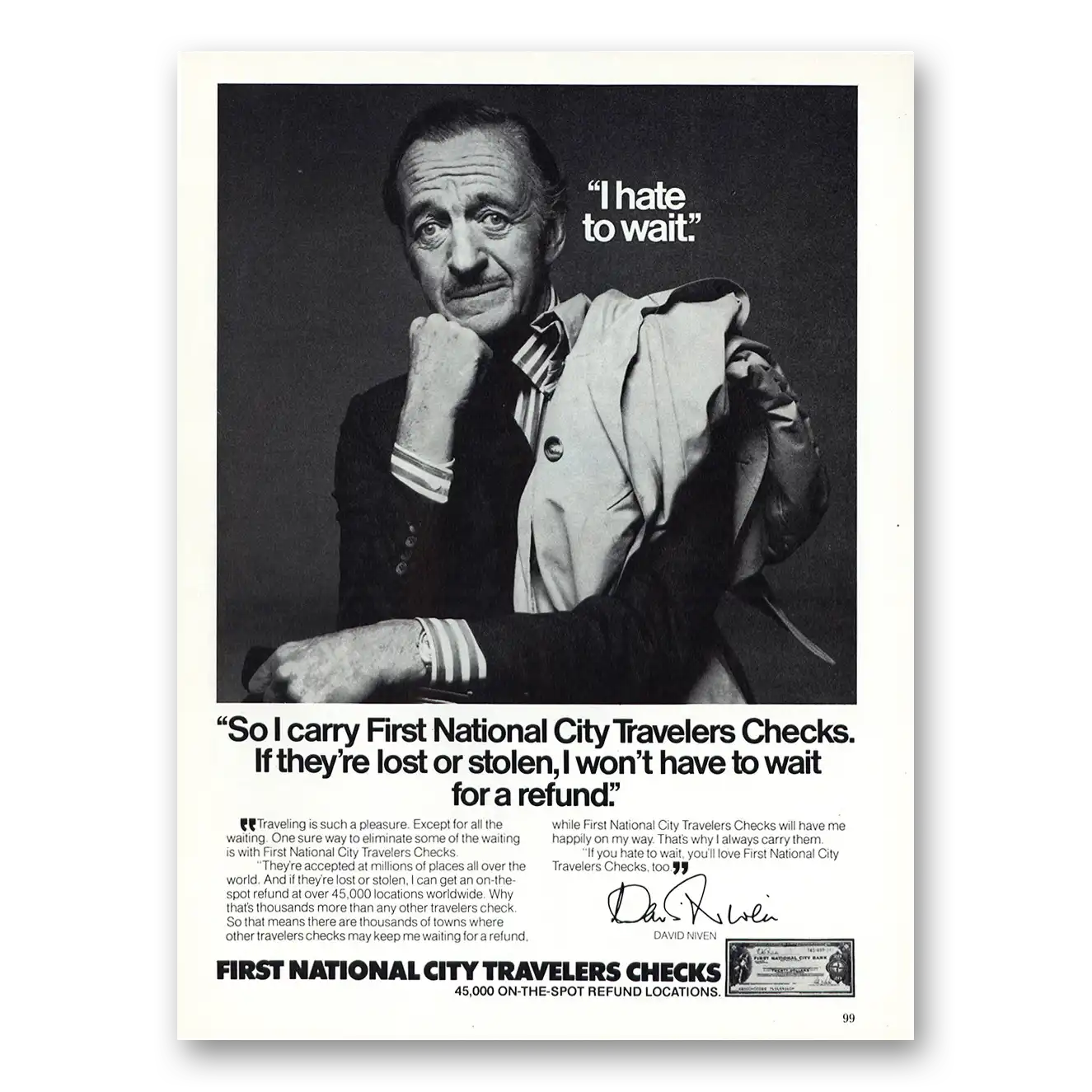 1976 First National City Bank Travelers Checks David Niven Vintage Magazine Print Ad