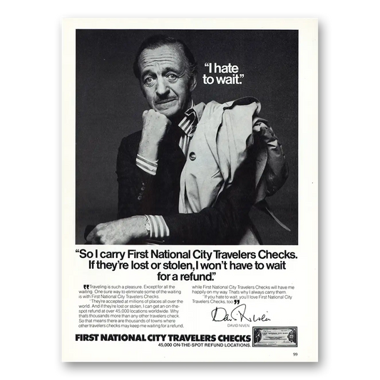 1976 First National City Bank Travelers Checks David Niven Vintage Magazine Print Ad