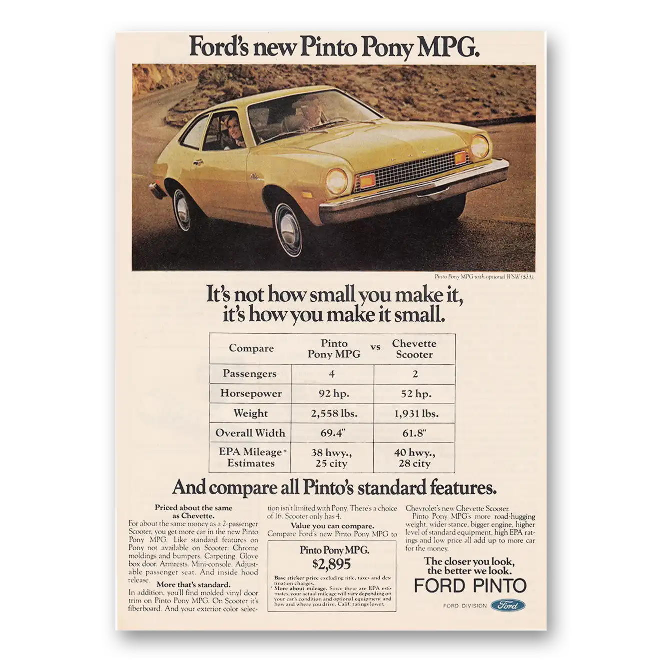 1976 Ford Pinto Pony Its Not How Small You Make It Vintage Magazine Print Ad