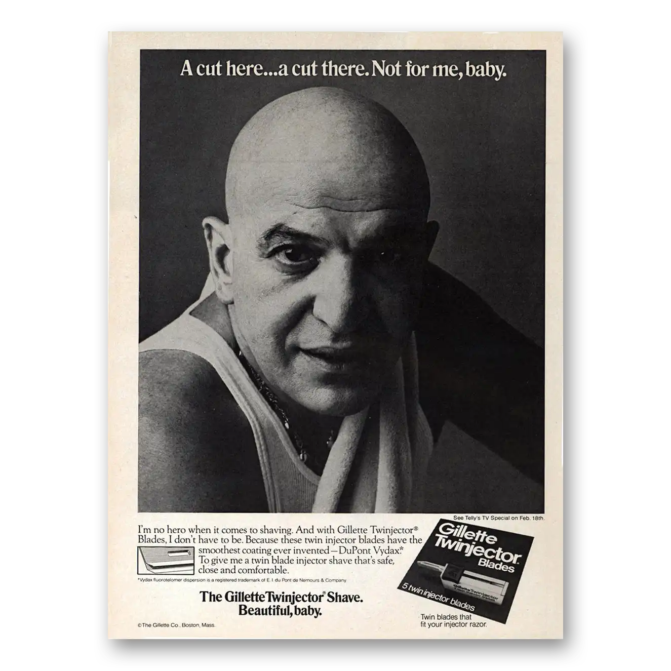 1976 Gillette Twinjector Shave Cut Here A Cut There Telly Savalas Vintage Magazine Print Ad