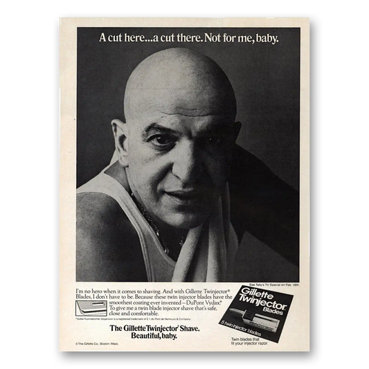 1976 Gillette Twinjector Shave Cut Here A Cut There Telly Savalas Vintage Magazine Print Ad