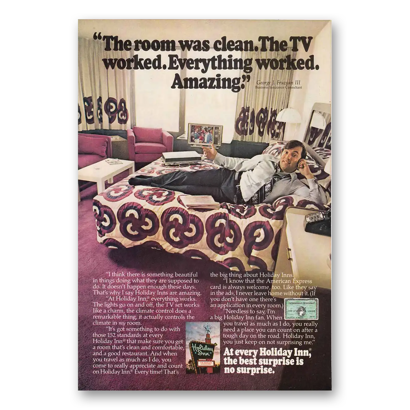 1976 Holiday Inn Room was Clean Vintage Magazine Print Ad