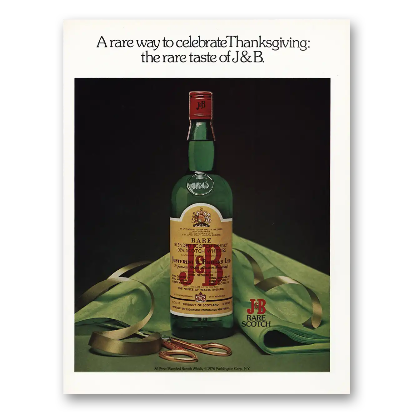 1976 J&B Scotch Whisky Rare Way to Celebrate Thanksgiving Vintage Magazine Print Ad