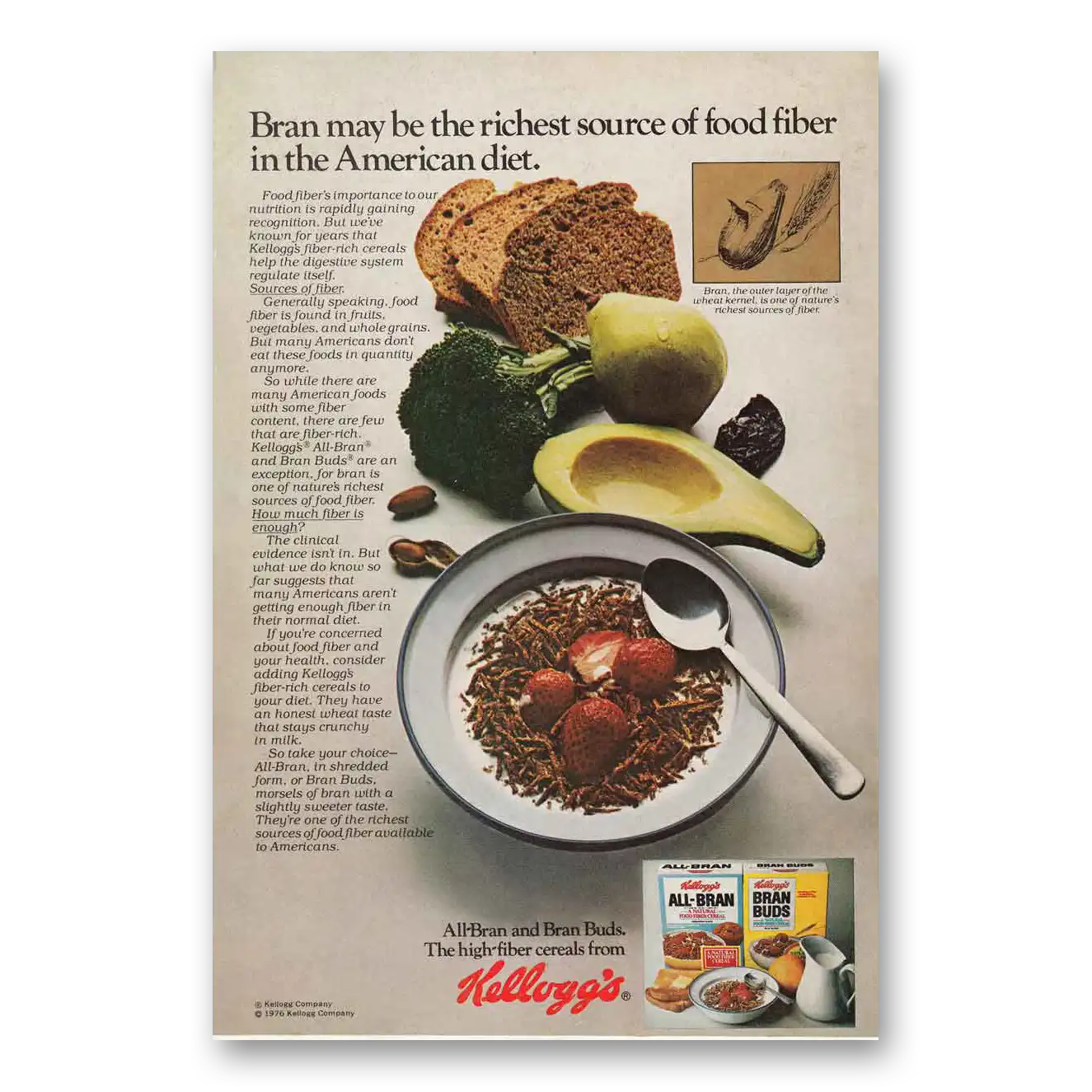 1976 Kelloggs Bran Buds Cereal Richest Source of Fiber Vintage Magazine Print Ad