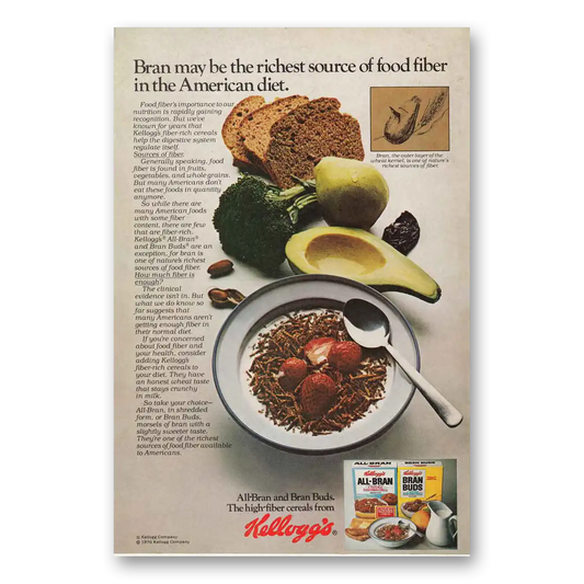 1976 Kelloggs Bran Buds Cereal Richest Source of Fiber Vintage Magazine Print Ad