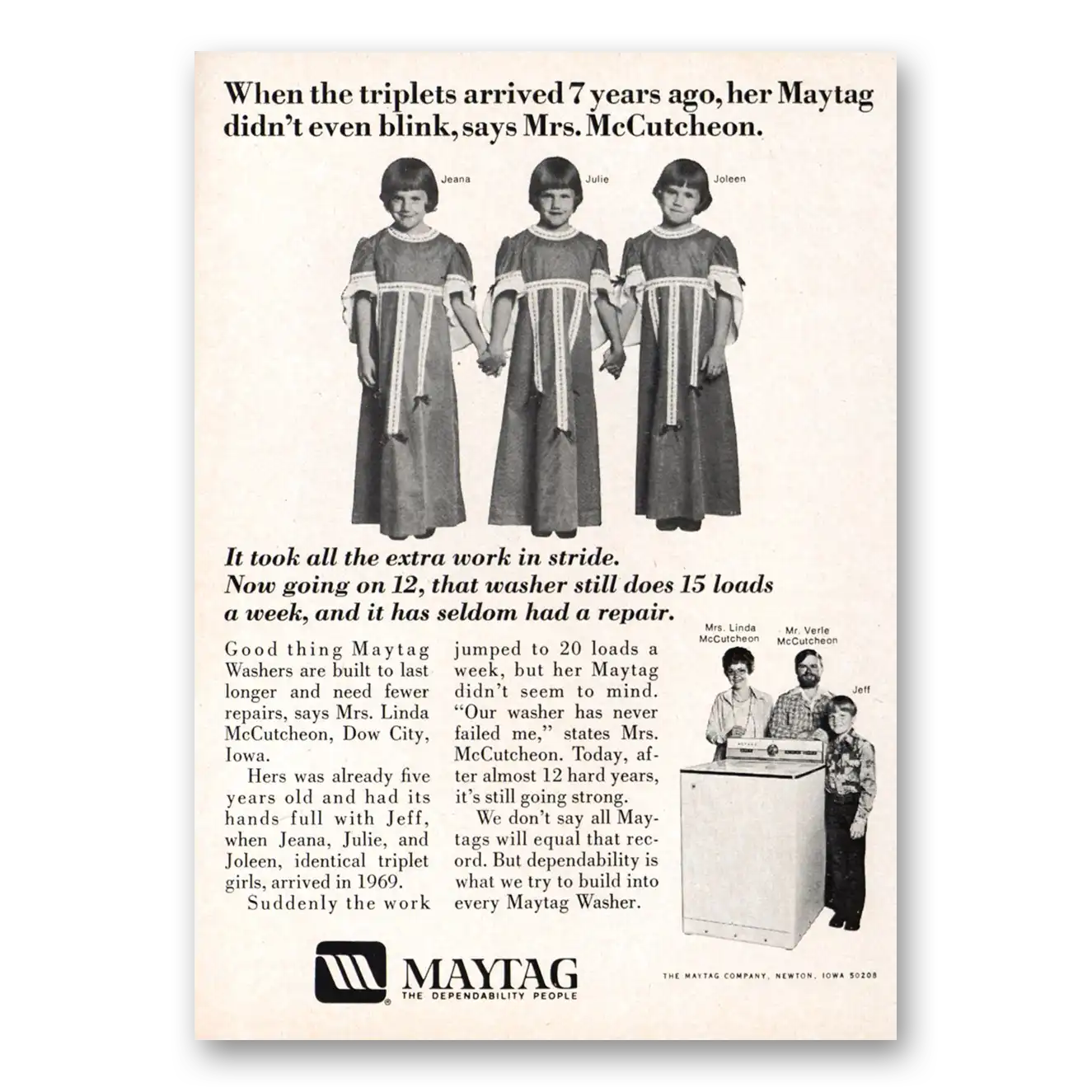 1976 Maytag Washer McCutcheon Triplets 7 Years Ago Vintage Magazine Print Ad