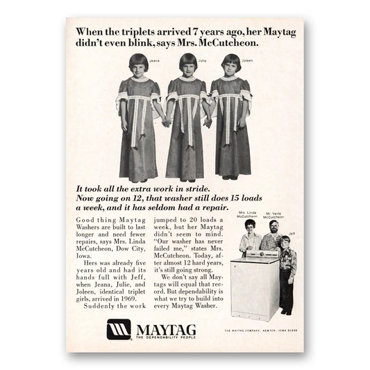 1976 Maytag Washer McCutcheon Triplets 7 Years Ago Vintage Magazine Print Ad