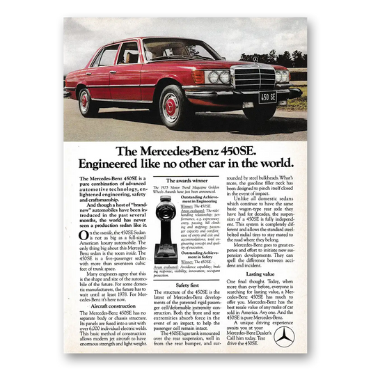 1975 Mercedes Benz 450SE Engineered Like No Other Car Vintage Magazine Print Ad