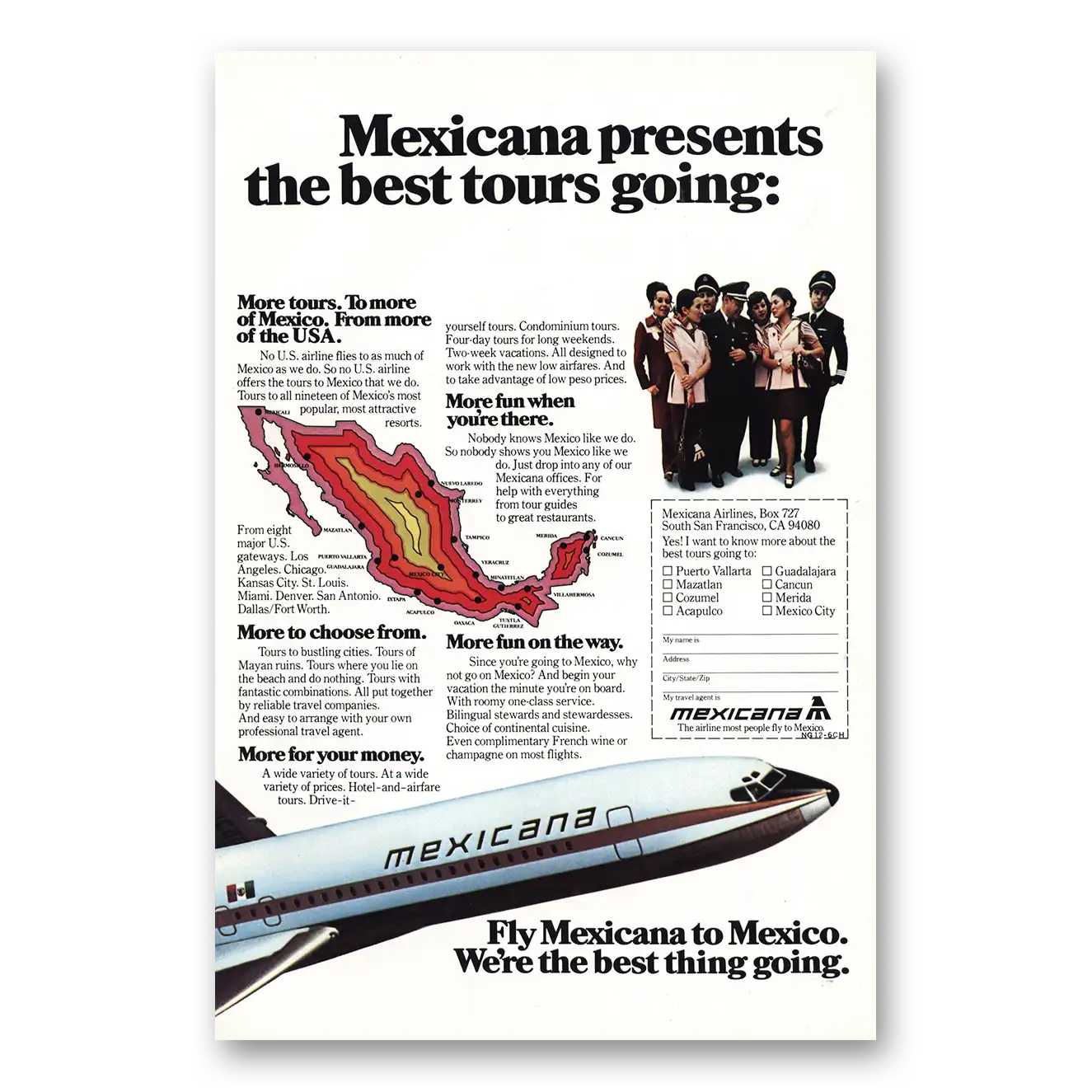 1976 Mexicana Airlines Best Tours Going Vintage Magazine Print Ad