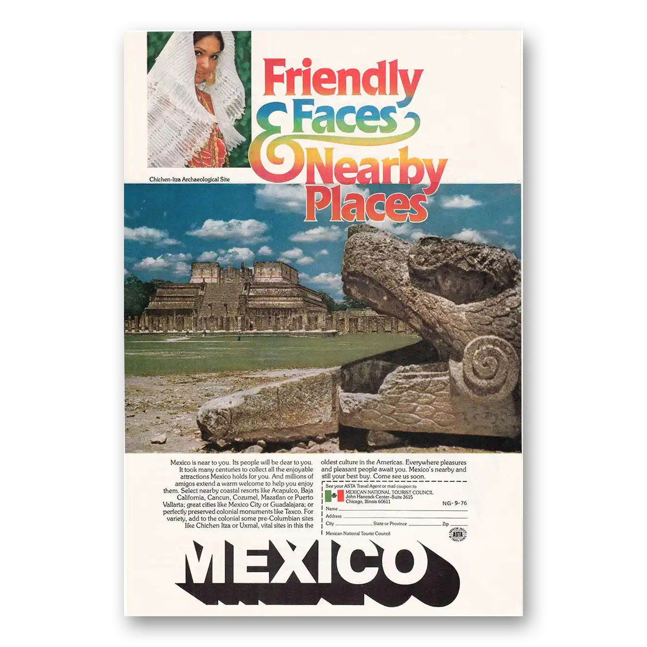 1976 Mexico Chichen Itza Friendly Faces Vintage Magazine Print Ad