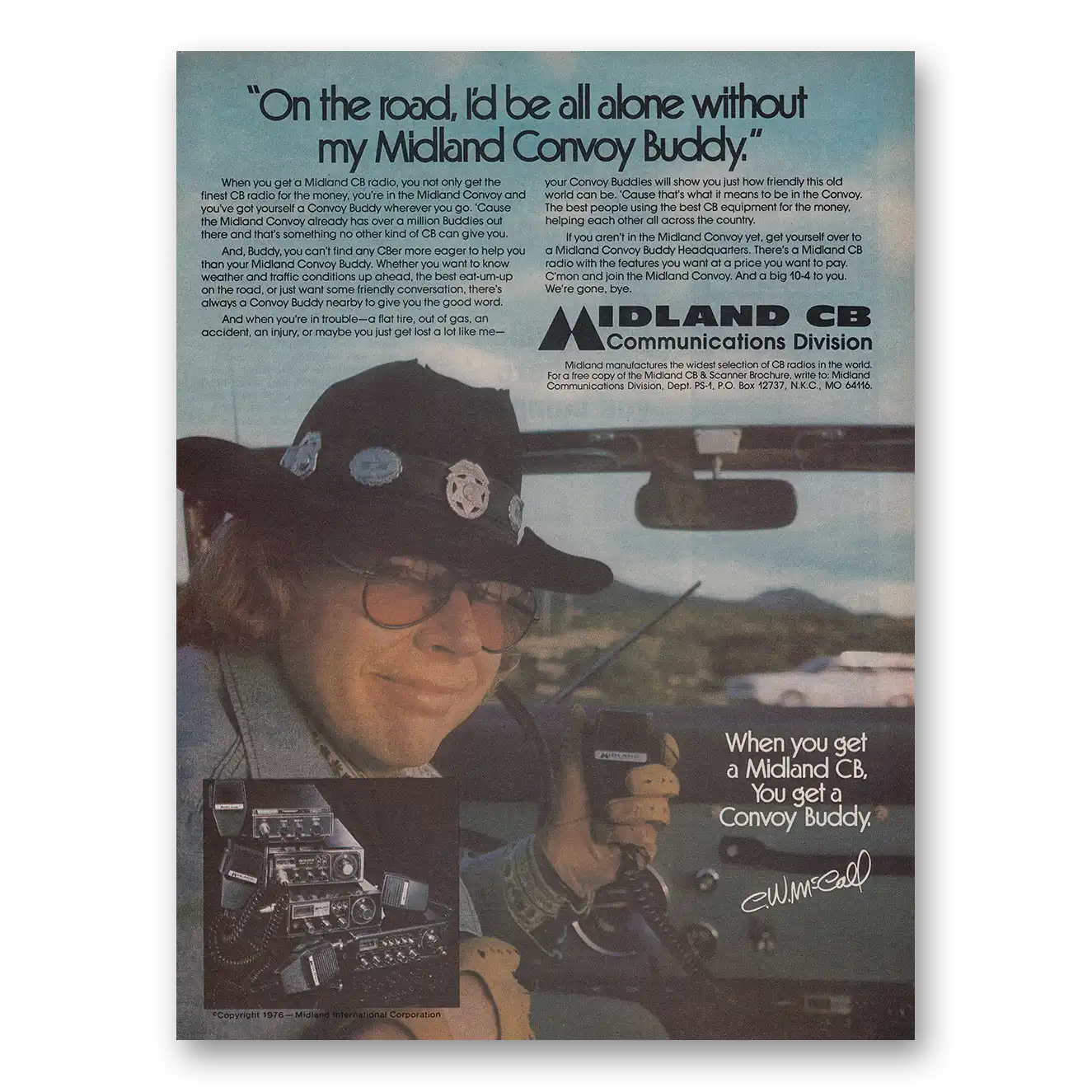 1976 Midland CB On the Road I'd Be All Alone Convoy Buddy Vintage Magazine Print Ad