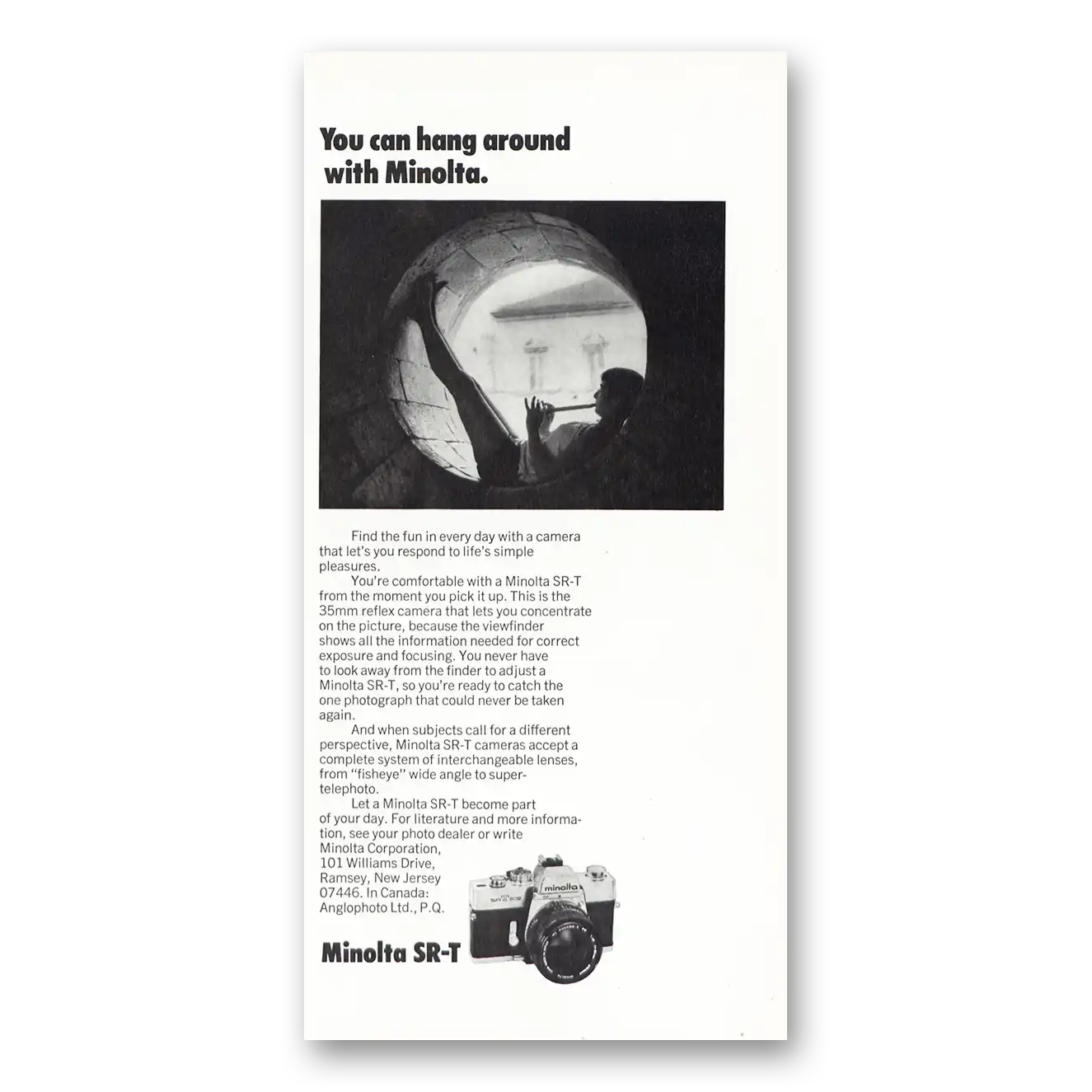 1976 Minolta SRT Camera You Can Hang Around Vintage Magazine Print Ad